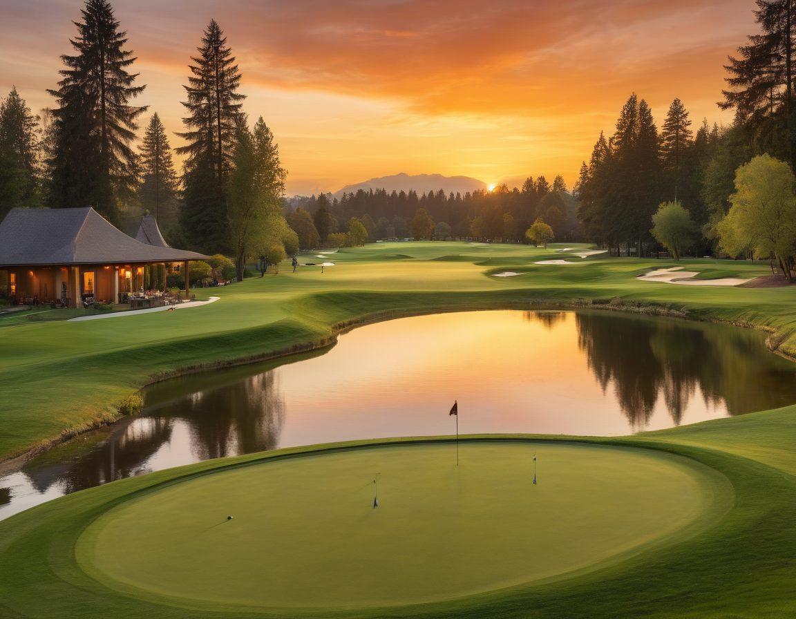 A scenic view of Overlake Golf Club at sunset, showcasing lush green fairways and sparkling water hazards. Include a diverse group of golfers engaging in friendly discussion, with golf gear and a clubhouse in the background. Capture the essence of community and expert advice with elements like golf clubs, tees, and a digital tablet displaying tips. Evoke a sense of camaraderie and passion for the game. super-realistic. vibrant colors. wide-angle.