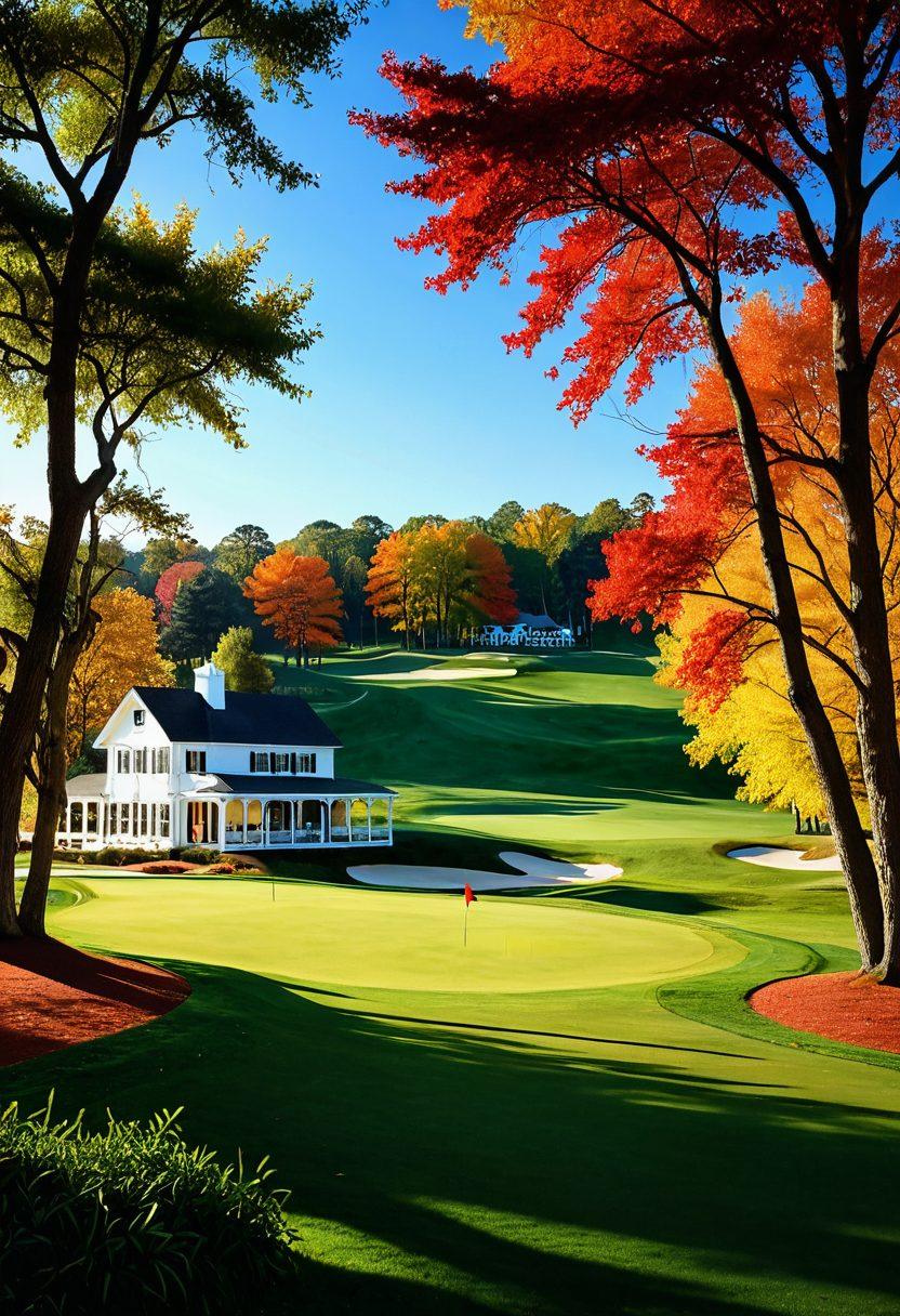 A picturesque golf club scene featuring lush green fairways with golfers swinging their clubs, surrounded by colorful autumn trees in vibrant hues of red, orange, and yellow. Include a quaint clubhouse in the background with a welcoming atmosphere, and scattered golf accessories like tees and golf balls. The sky is clear with soft sunlight illuminating the scene. super-realistic. vibrant colors. 3D.