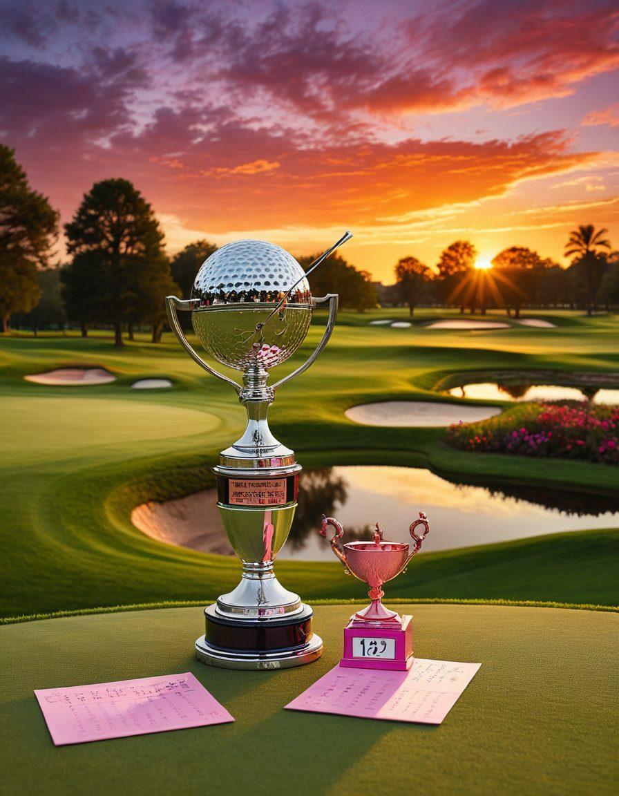 A dynamic golfer in mid-swing on a lush green golf course, with an expansive view of a vibrant sunset in the background. A calendar marked with upcoming events and essential updates can be seen on a nearby golf cart, while a trophy shines on a nearby table symbolizing achievements. Capture the passion and excitement of golfing with a sense of community and anticipation in the air. super-realistic. vibrant colors. 3D.